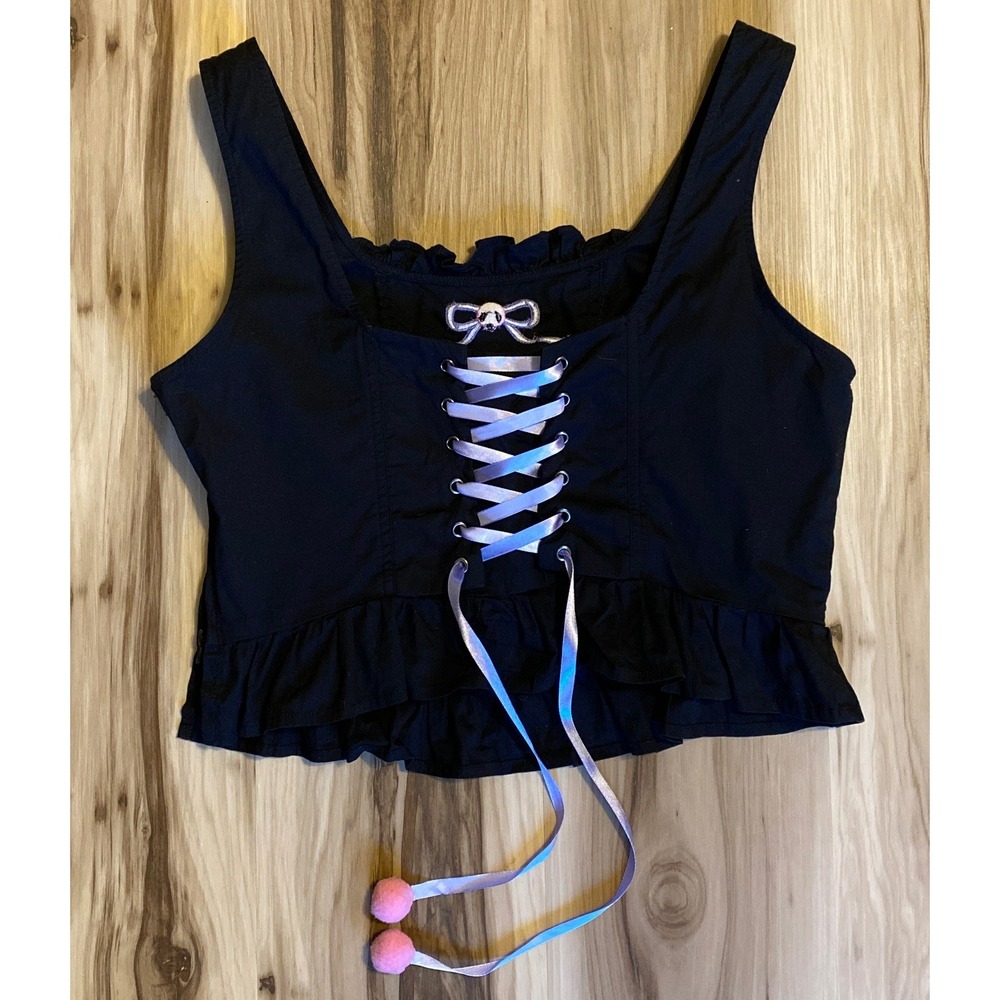 Sanrio Kuromi Embroidered Ruffle Crop Top Corset Black Lace Up Back Medium - Picture 2 of 10